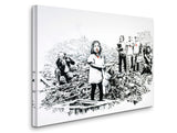 a black and white drawing of a woman standing in front of a group of people