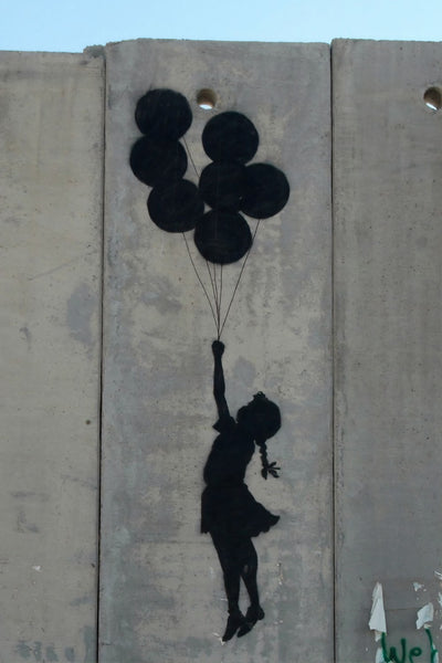 a painting of a girl holding a bunch of balloons