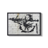 a painting of a woman with a gun on a brick wall
