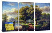three paintings of trees and a river with a sign in front of them