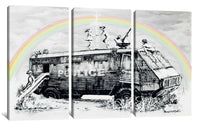 a black and white picture of a bus with a rainbow in the background