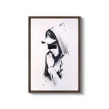 a black and white photo of a person wearing a hat