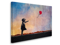 a painting of a little girl flying a kite