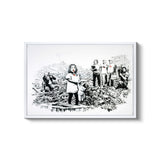 a black and white drawing of a group of people