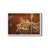 a picture of a man sitting on a bench in front of a wall with graffiti