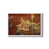 a picture of a man sitting on a bench in front of a wall with graffiti