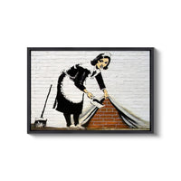 a painting of a woman cleaning a brick wall