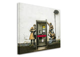 a phone booth with a painting of soldiers on it