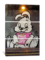 a painting of a rabbit with a pink shirt on