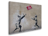 a painting of two children playing with a kite