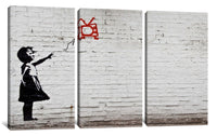 a painting of a girl with a kite on a brick wall