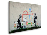 a painting of a man and a woman standing in front of a house