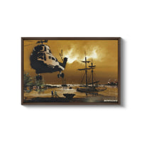 a painting of a helicopter flying over a boat