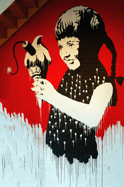 a painting of a woman holding a hair dryer