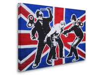 a painting of a british flag and two men with speakers