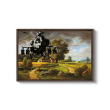 a painting of a helicopter flying over a farm