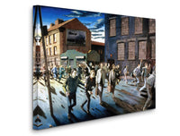 a painting of a crowd of people walking down a street