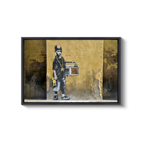 a painting of a man with a boombox on the side of a building