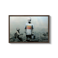 a picture of a man and a child standing in the dirt