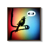 a bird sitting on a branch with a thought bubble above it