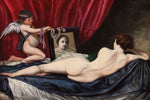a painting of a woman laying on a bed in front of a mirror