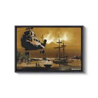a painting of a helicopter flying over a boat