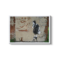 a painting of a woman walking a dog on a sidewalk
