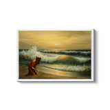 a painting of a person sitting on a beach