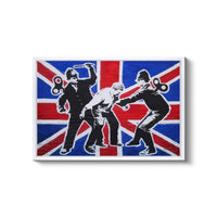 a painting of a british flag with a picture of two men fighting