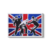 a painting of a british flag with a picture of two men fighting