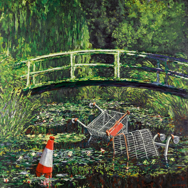 a painting of shopping carts in a pond of water