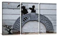 three panels of a wall with a painting of people on it
