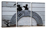 three panels of a wall with a painting of people on it