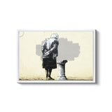 a painting of a person leaning against a wall