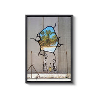 a picture of a broken glass window with a picture of a man and a child