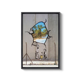 a picture of a broken glass window with a picture of a man and a child