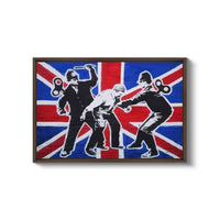 a painting of two men dancing with a british flag in the background