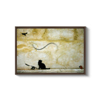 a painting of a cat and a bird on a wall