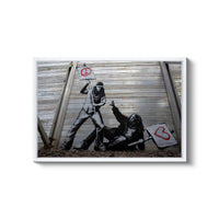a painting of a man holding a woman on the back of a motorcycle