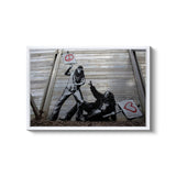 a painting of a man holding a woman on the back of a motorcycle