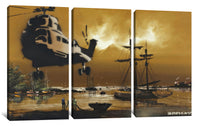 a painting of a helicopter flying over a harbor