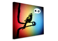 a bird sitting on a branch with a speech bubble above it