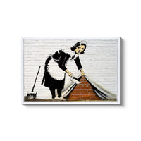 a painting of a woman cleaning a brick wall
