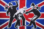 a painting of two men with a wrench in front of a british flag