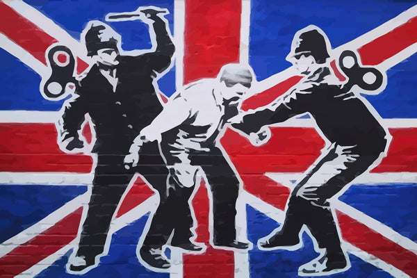 a painting of two men with a wrench in front of a british flag