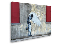 a painting on a wall of a man holding a bag