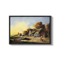 a painting of a village with a river