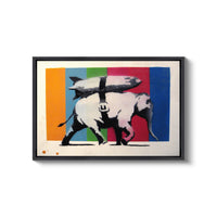 a painting of two elephants with surfboards on their back