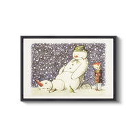 a picture of a snowman and a child in the snow