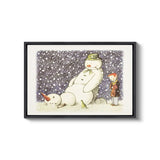 a picture of a snowman and a child in the snow